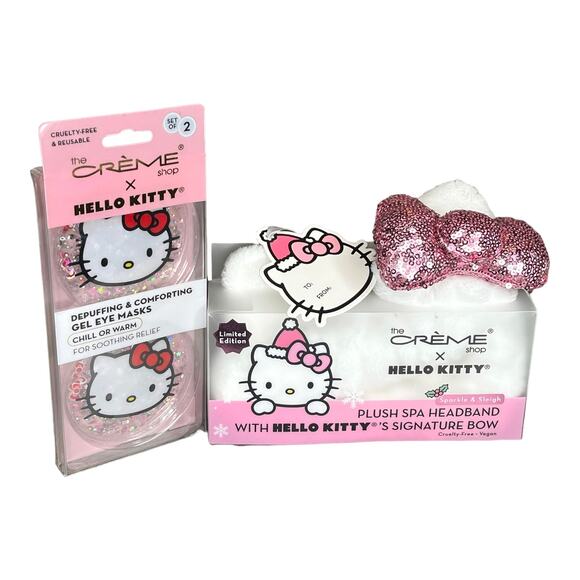 NEW Hello Kitty Plush SPA HEADBAND & GEL EYE MASKS 3pc Sparkle Sleigh Sequin Bow - Picture 1 of 7
